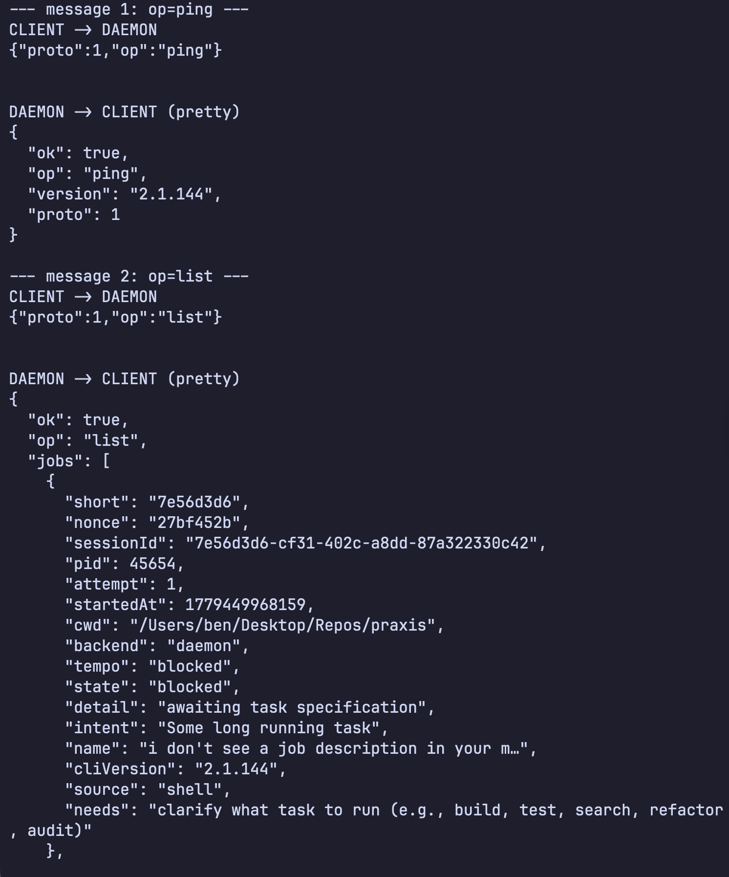 Control Sockets messages example