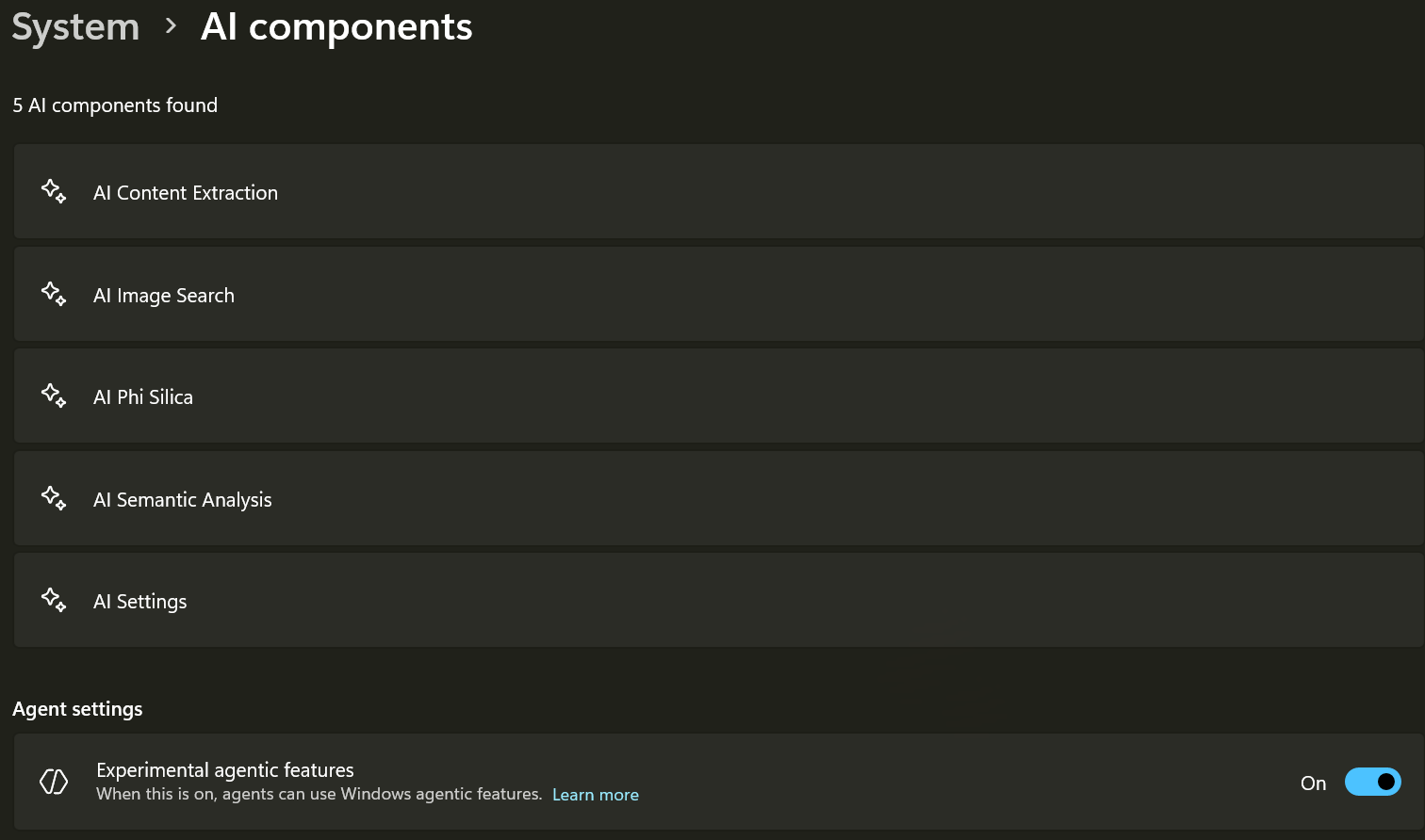 Experimental AI feature settings