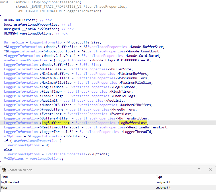 `EtwpCopyPropertiesToInfo` updated `WMI_LOGGER_INFORMATION` from `EVENT_TRACE_PROPERTIES`, including `Flags`